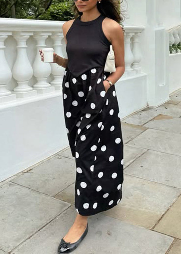 Print Cotton New Patchwork Dot Sleeveless Dresses Black