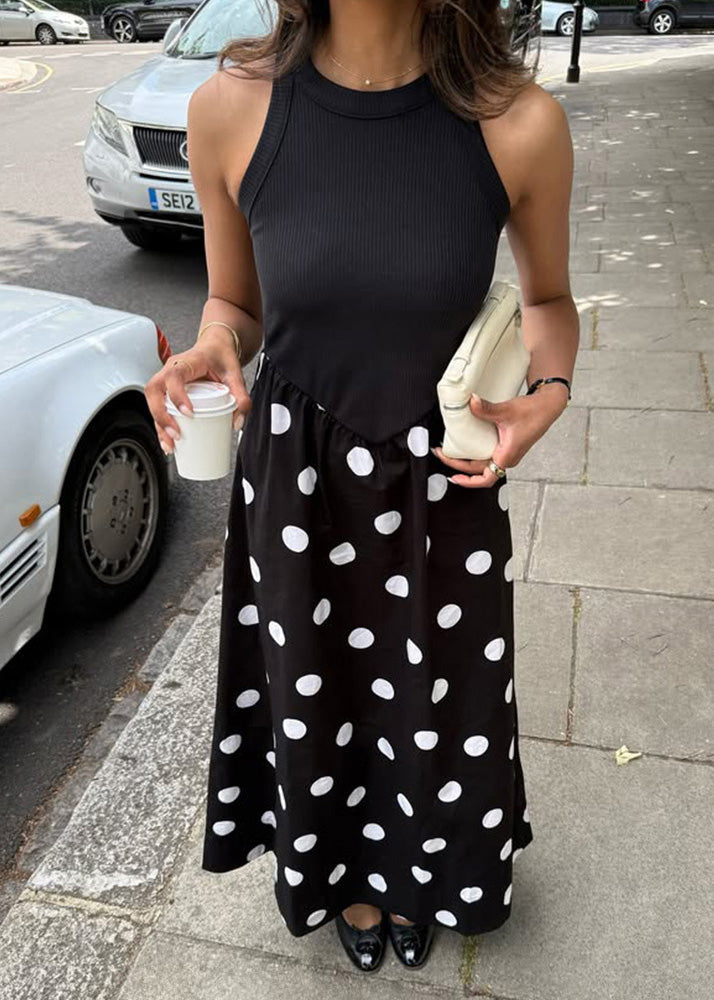 Print Cotton New Patchwork Dot Sleeveless Dresses Black