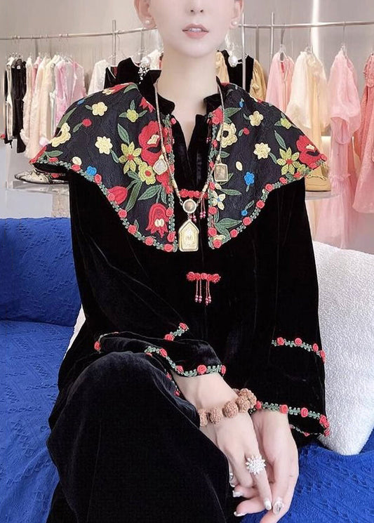 New Black Embroidered Button Silk Velour Shirt Long Sleeve QA1014 Ada Fashion