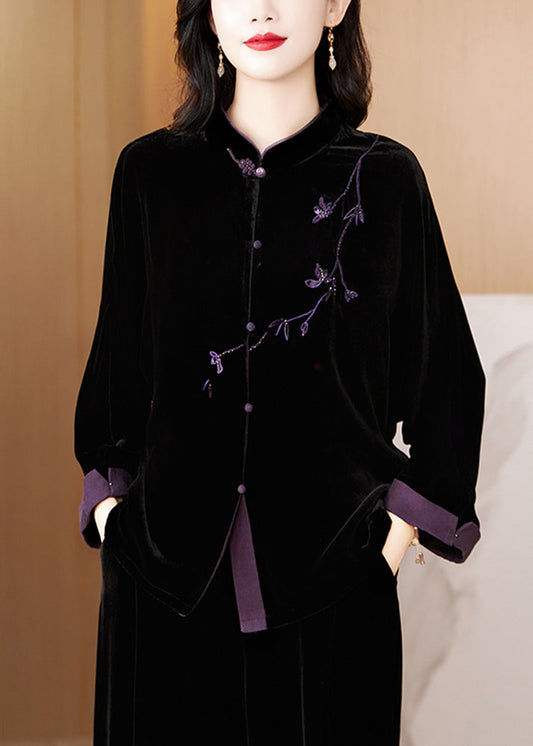 New Black Embroidered Button Silk Velvet Coat Fall QO058