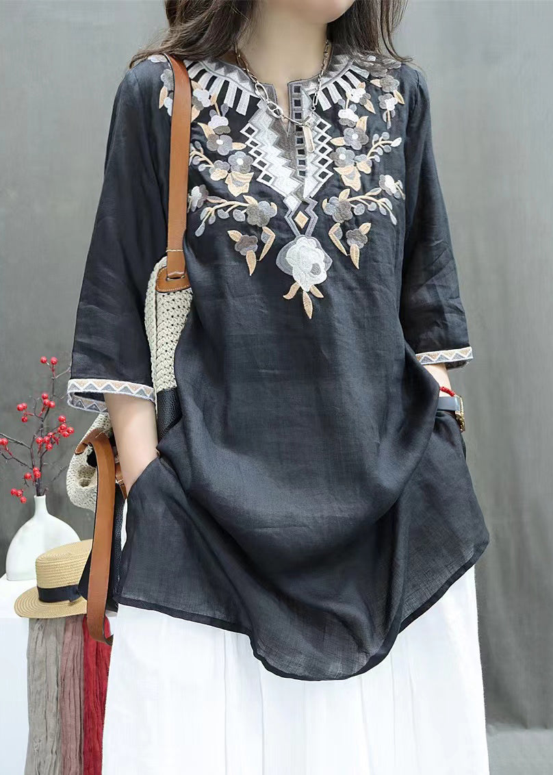Half Sleeve Open Black Side New Shirts Embroidered Linen