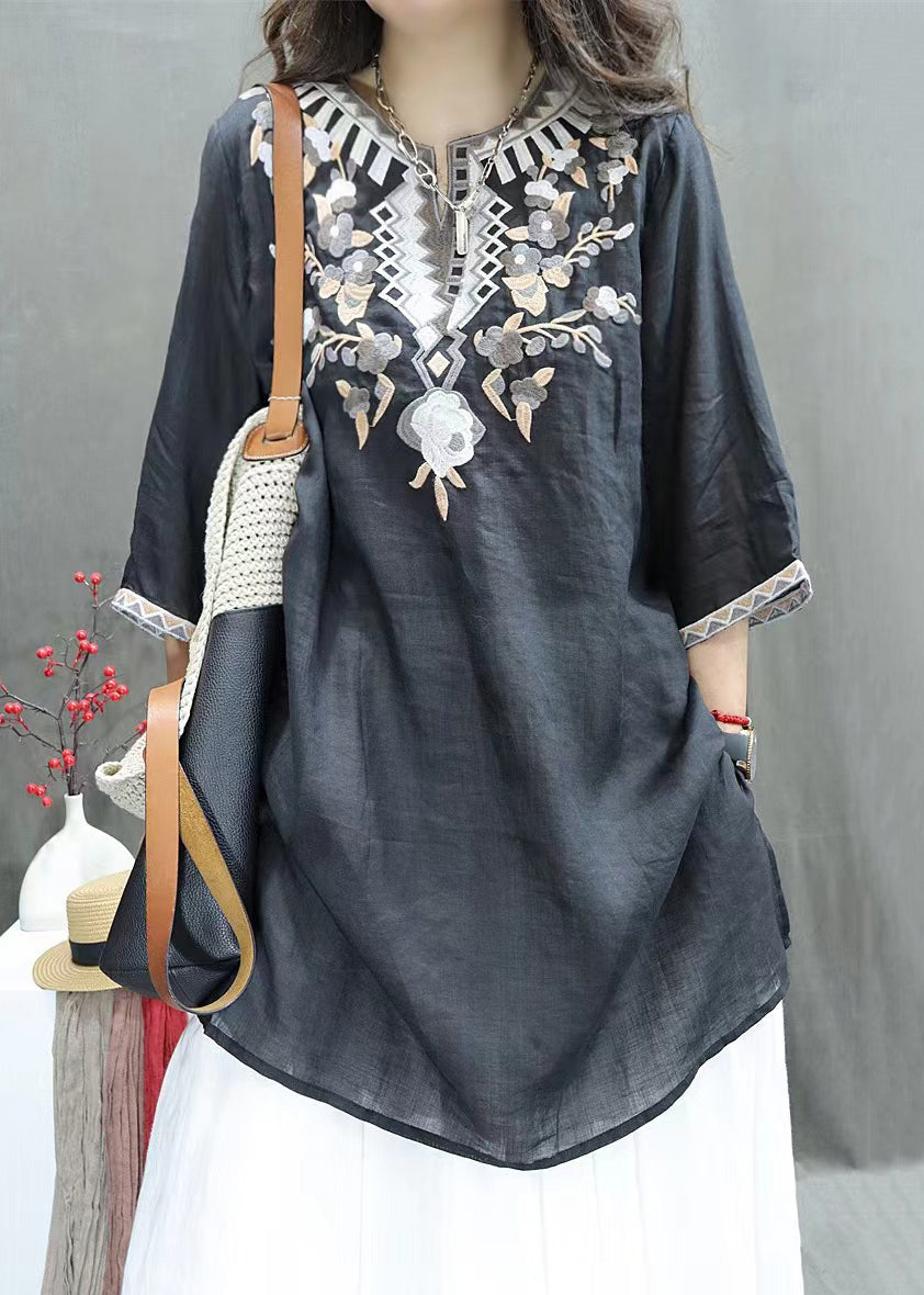Half Sleeve Open Black Side New Shirts Embroidered Linen