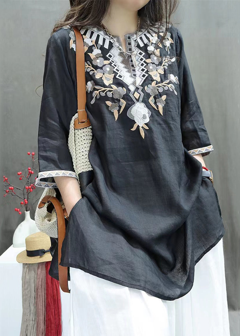 Half Sleeve Open Black Side New Shirts Embroidered Linen