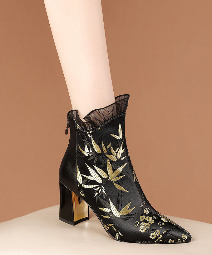 New Black Embroidered Silk Splicing Cowhide Leather Chunky Boots RT1081