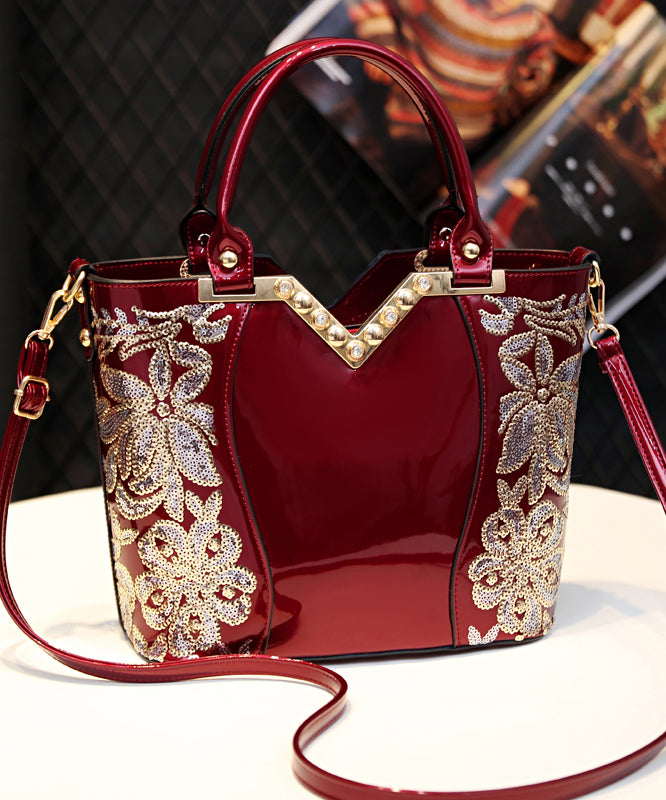 Faux Leather Tote Embroidered Zircon New Handbag Black