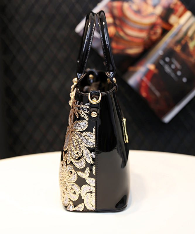 Faux Leather Tote Embroidered Zircon New Handbag Black