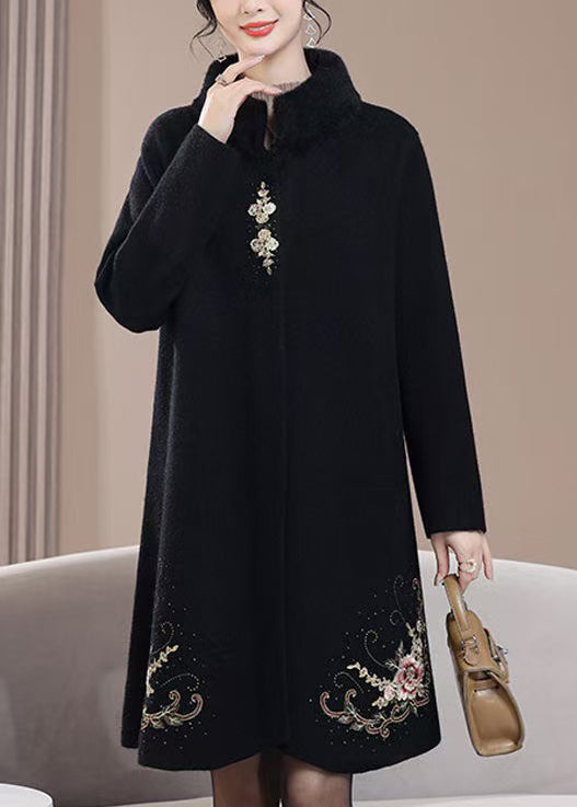 New Black Embroidered Zircon Wool Coats Spring RH015