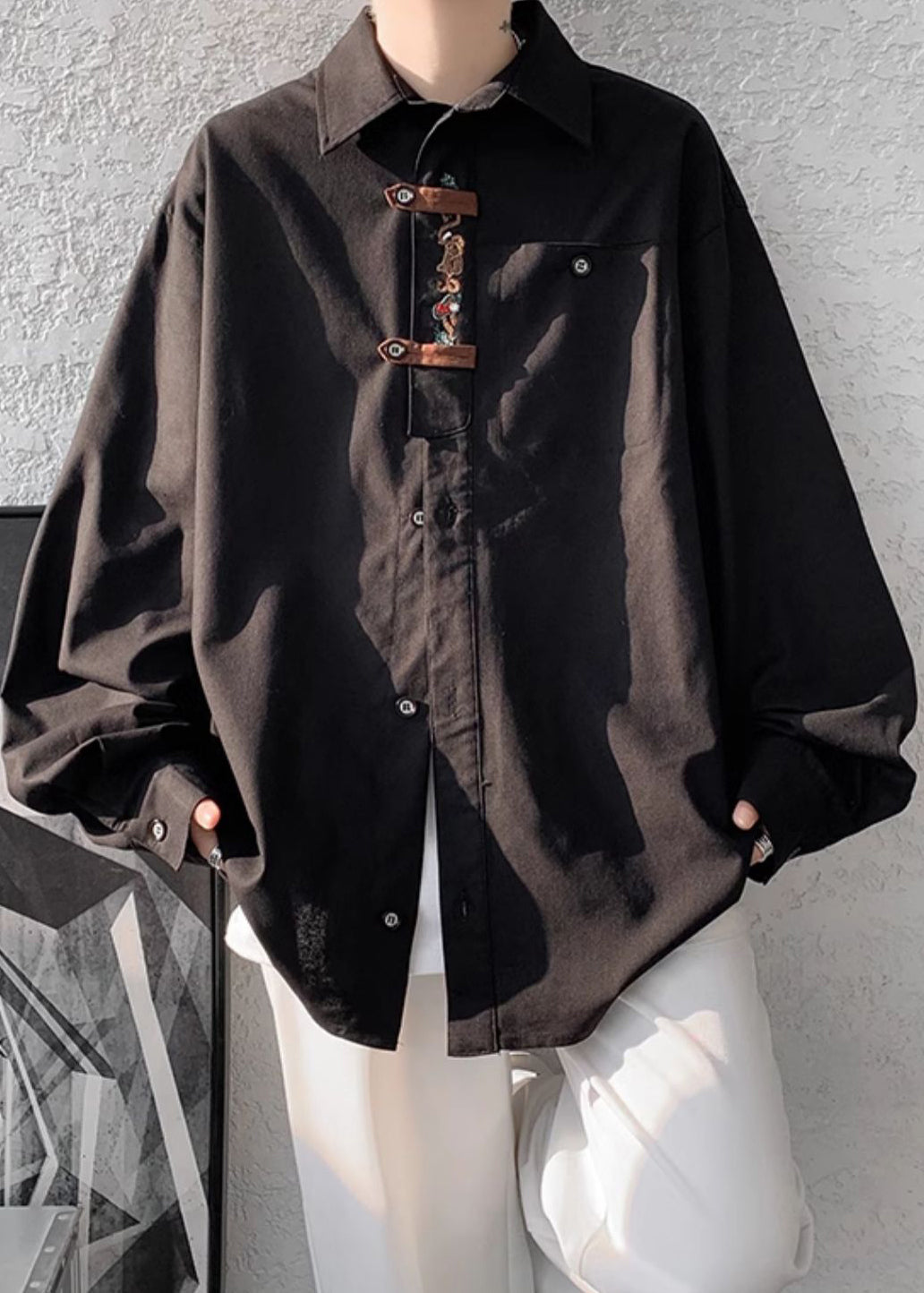 New Black Embroideried Button Cotton Men Shirts Fall WJ033