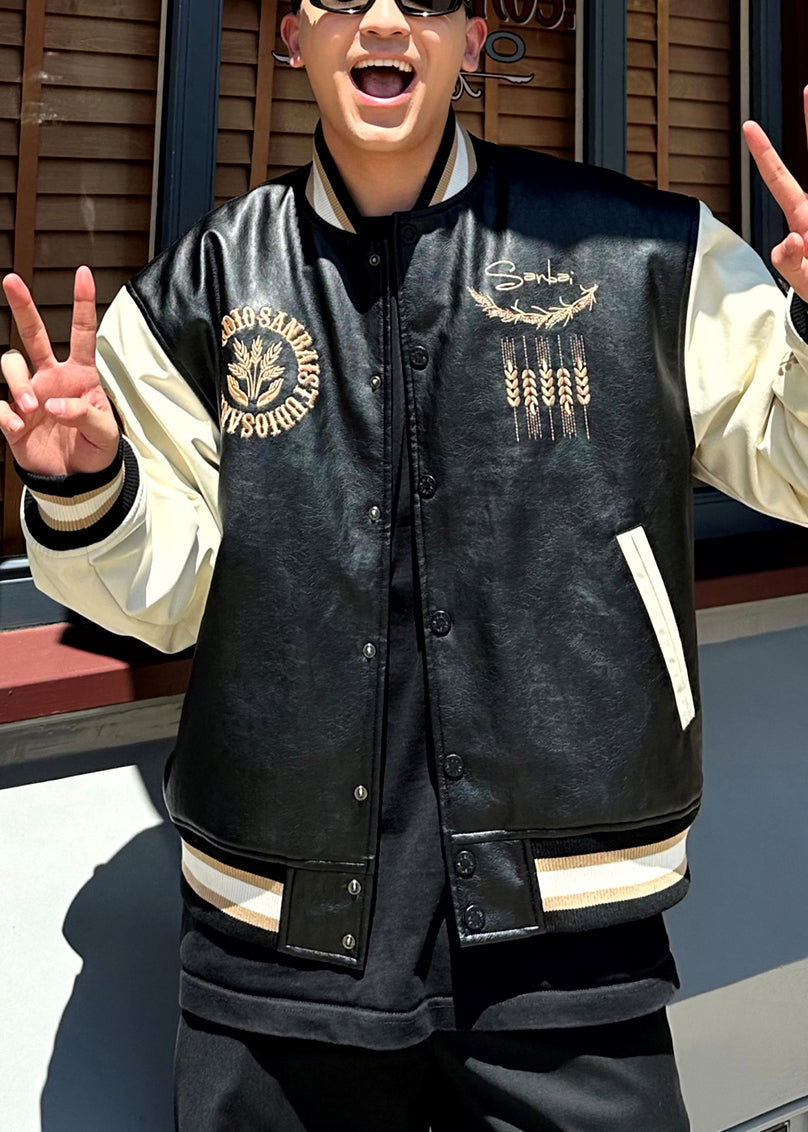 New Black Embroideried Button Patchwork Faux Leather Men Parkas Spring TC011