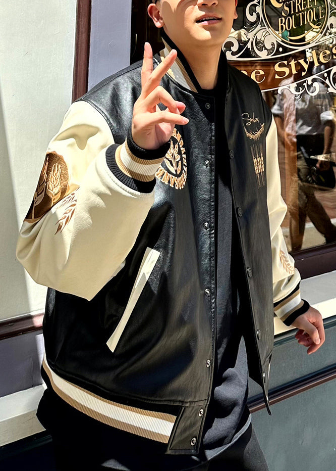 New Black Embroideried Button Patchwork Faux Leather Men Parkas Spring TC011