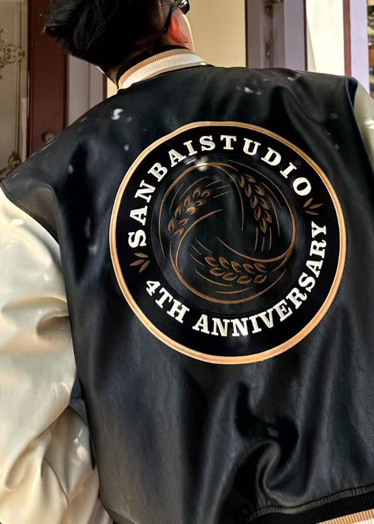 New Black Embroideried Button Patchwork Faux Leather Men Parkas Spring TC011