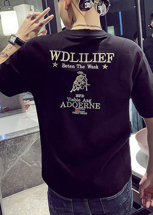 Black Embroideried Shirt Summer New Mens Cotton Designer T