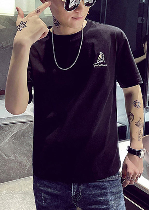 Black Embroideried Shirt Summer New Mens Cotton Designer T