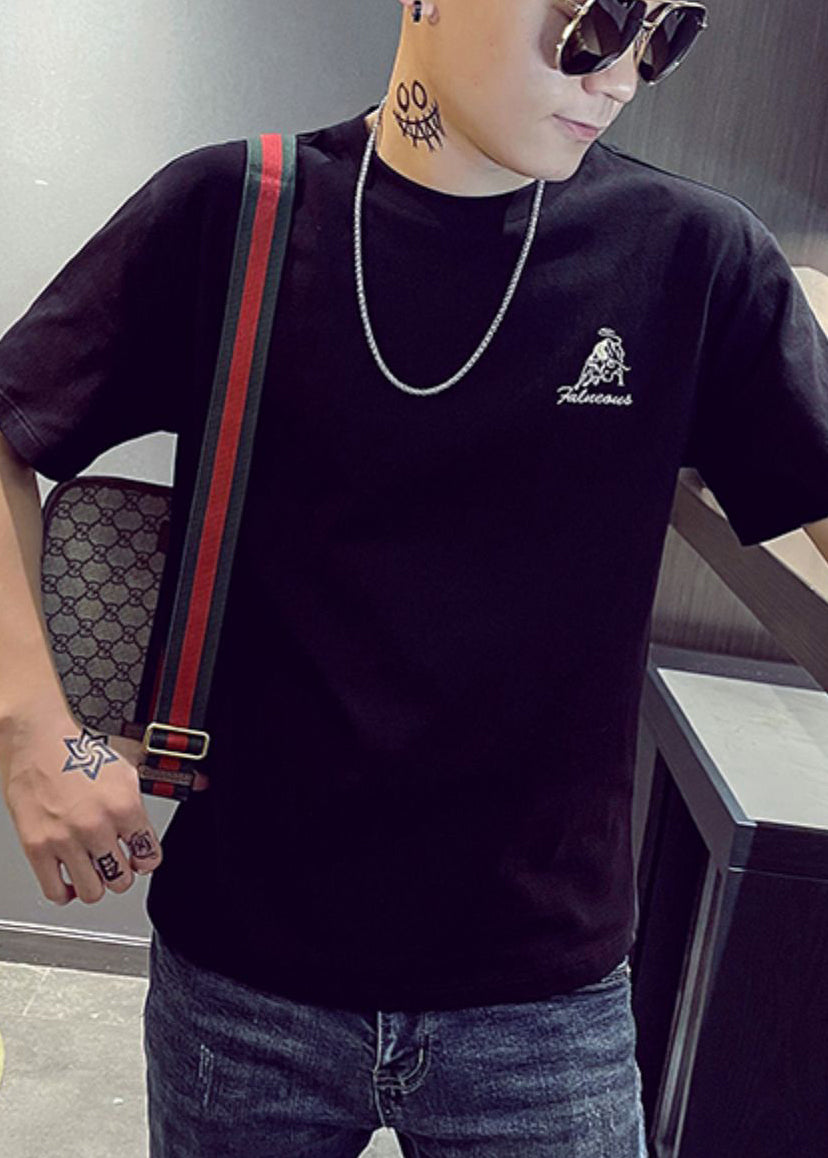 Black Embroideried Shirt Summer New Mens Cotton Designer T