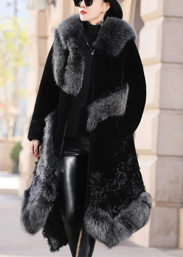 New Black Fox Collar Pockets Patchwork Leather And Fur Coats Winter Ada Fashion