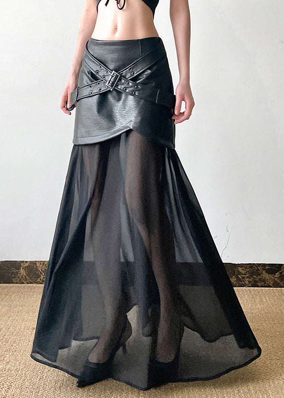 New Waist Faux Skirt Tulle Leather High Summer Patchwork Black
