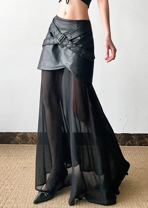 New Waist Faux Skirt Tulle Leather High Summer Patchwork Black