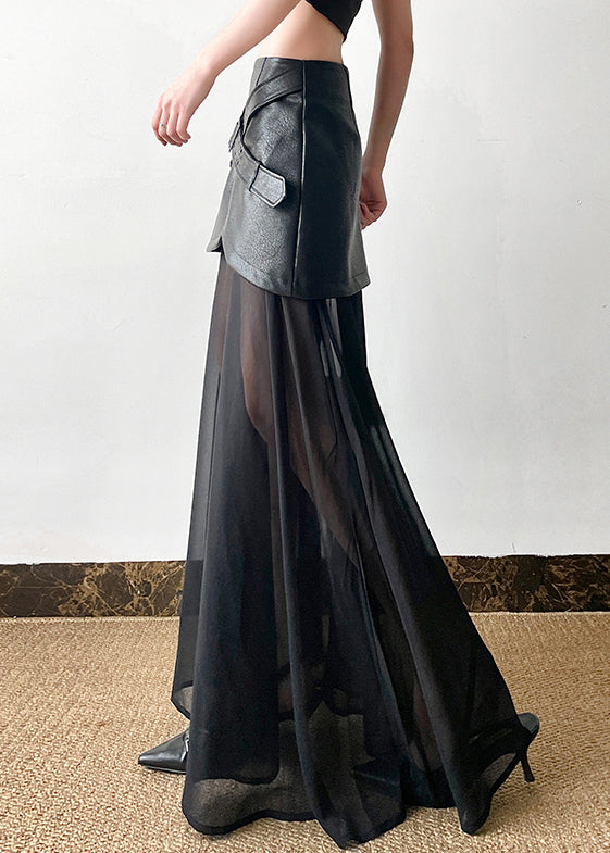 New Waist Faux Skirt Tulle Leather High Summer Patchwork Black
