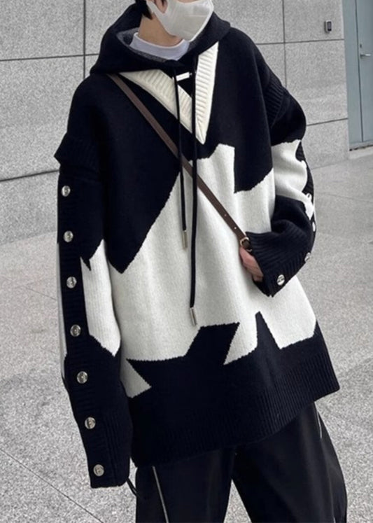 Spring Men Sweaters Hooded Cozy Knit New Patchwork Black