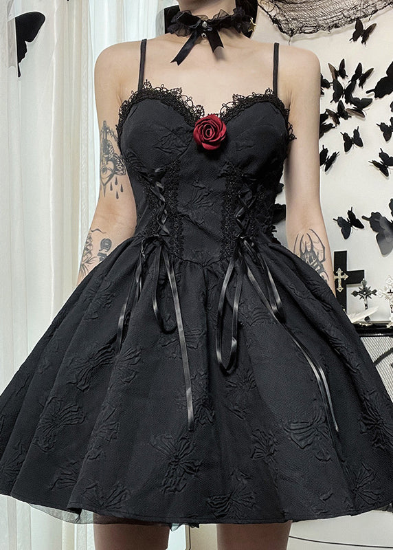 New Black Lace High Waist Patchwork Cotton Mid Dress Sleeveless YT031