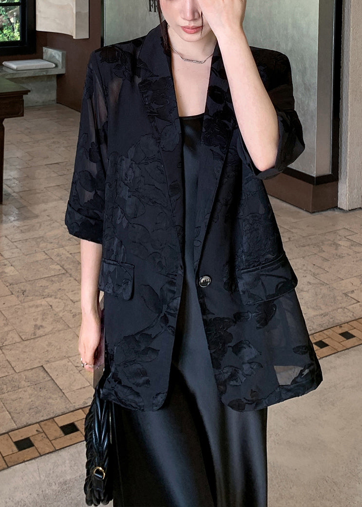 New Silk Black Bracelet Coat Notched Pockets Sleeve Button