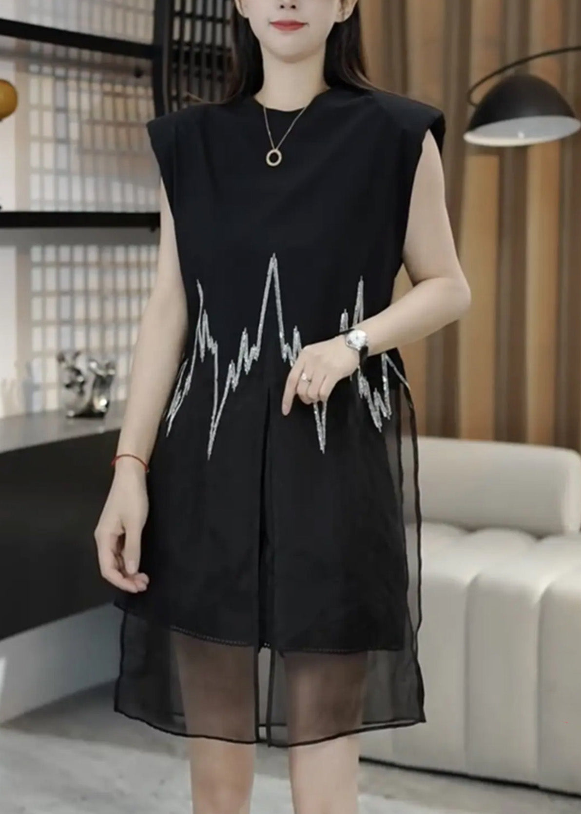 Black O-Neck Side New Top Sleeveless Embroidered Mid Open