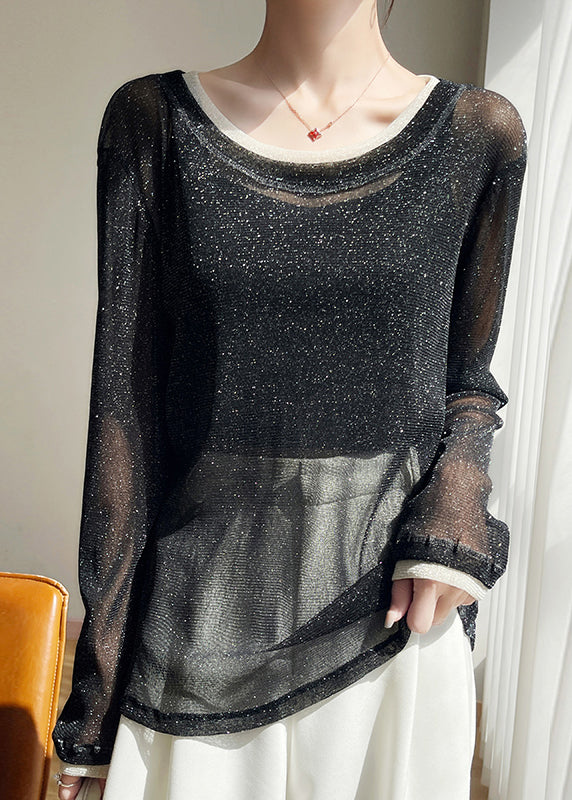 Tulle Black O T Patchwork Thin New Summer Neck Shirts