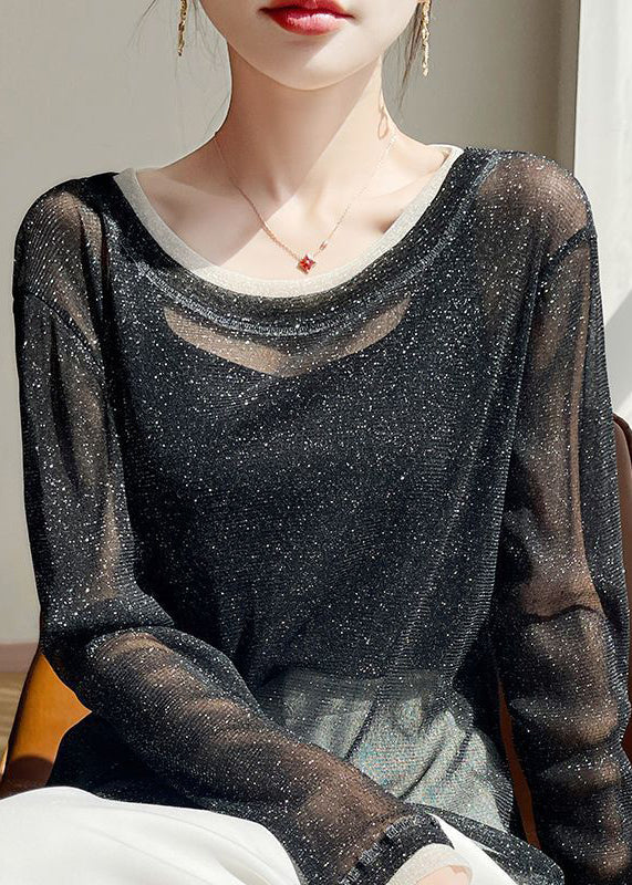 Tulle Black O T Patchwork Thin New Summer Neck Shirts