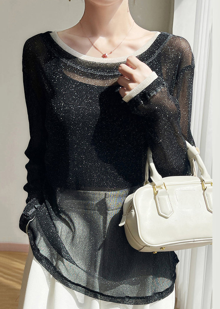 Tulle Black O T Patchwork Thin New Summer Neck Shirts