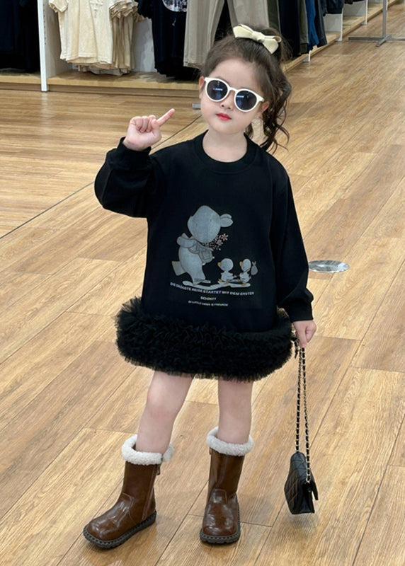 New Black O-Neck Tulle Patchwork Tulle Girls Mid Dress Spring TG005