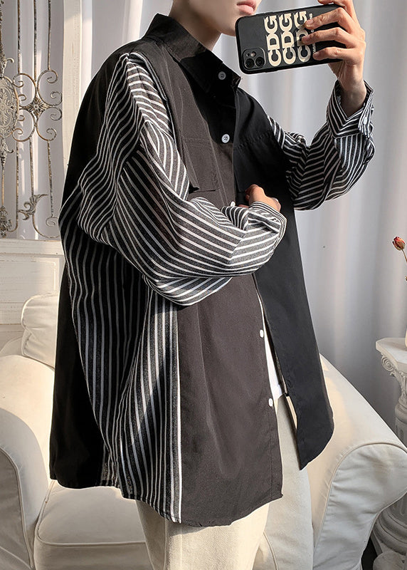 Striped Black Shirts Mens Patchwork New Peter Collar Cotton Pan