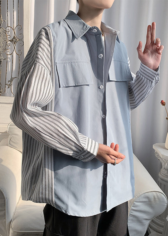 Striped Black Shirts Mens Patchwork New Peter Collar Cotton Pan