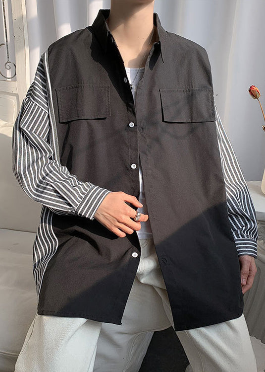 Striped Black Shirts Mens Patchwork New Peter Collar Cotton Pan