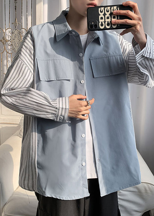 Striped Black Shirts Mens Patchwork New Peter Collar Cotton Pan