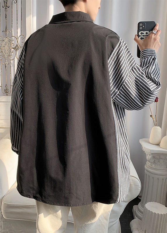 Striped Black Shirts Mens Patchwork New Peter Collar Cotton Pan