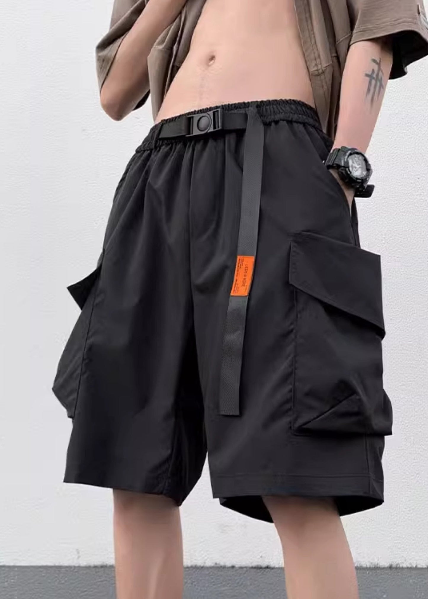 New Summer Elastic Black Shorts Cotton Pockets Waist Mens