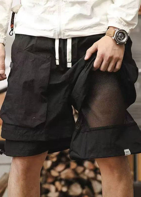 Shorts Pieces New Black Mens Pockets False Two Cotton Patchwork