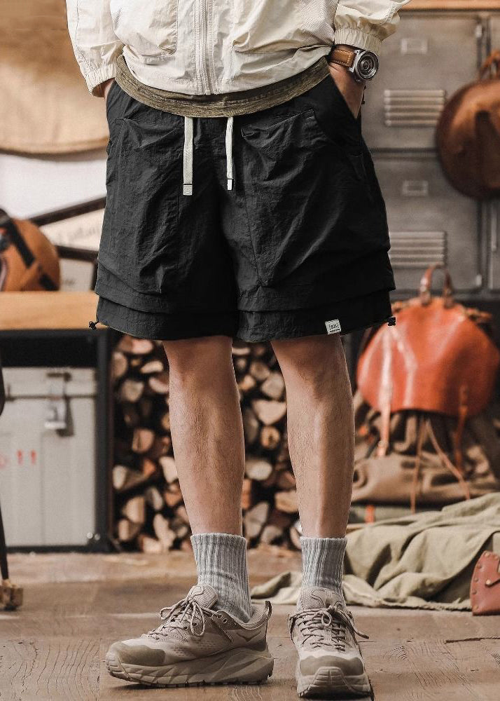 Shorts Pieces New Black Mens Pockets False Two Cotton Patchwork