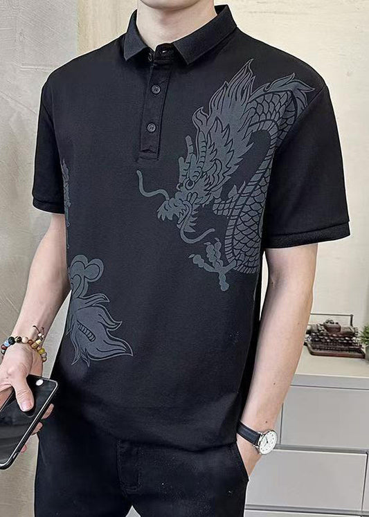 Shirt Print Summer Cotton Polo Button Men Black New
