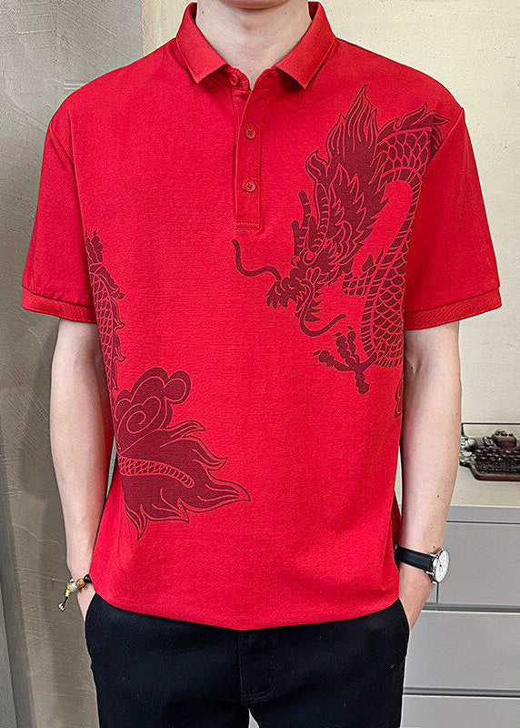 Shirt Print Summer Cotton Polo Button Men Black New