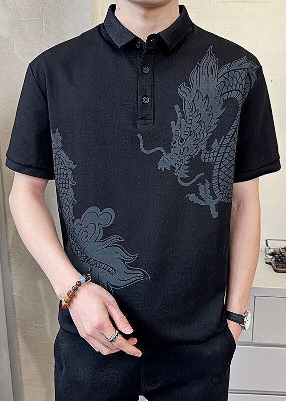Shirt Print Summer Cotton Polo Button Men Black New