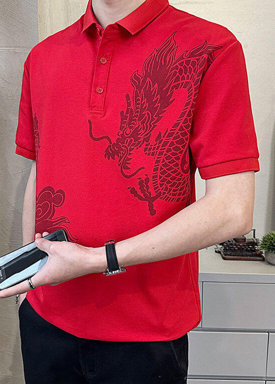 Shirt Print Summer Cotton Polo Button Men Black New