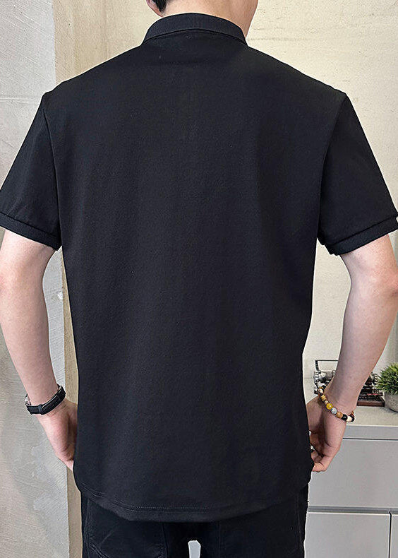 Shirt Print Summer Cotton Polo Button Men Black New