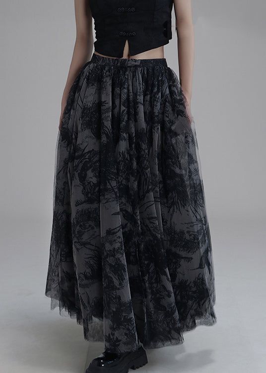 New Black Print Elastic Waist Tulle Skirt Summer Ada Fashion