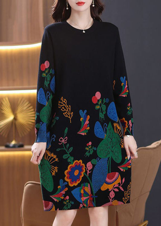 New Black Print Side Open Wool Knit Dress Long Sleeve TB002