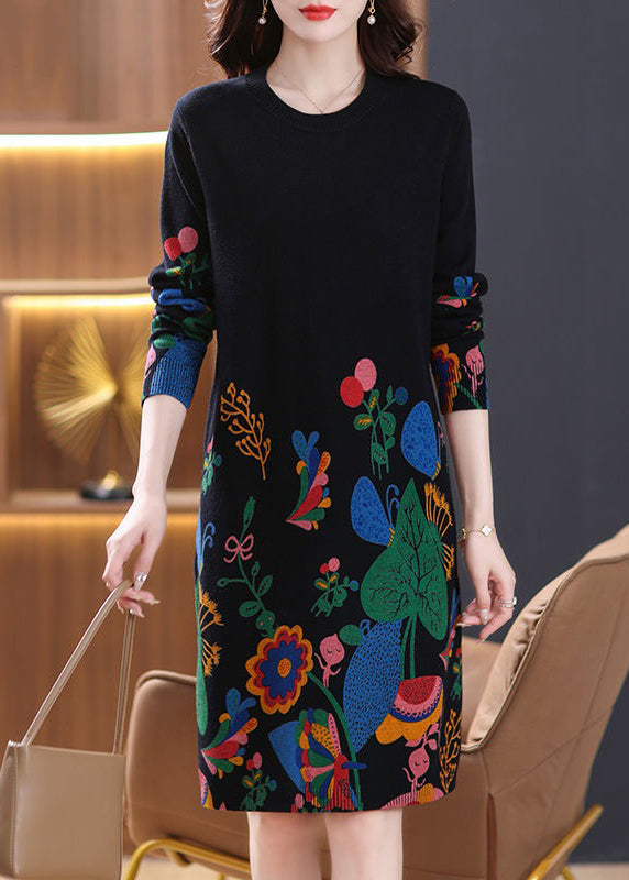 New Black Print Side Open Wool Knit Dress Long Sleeve TB002