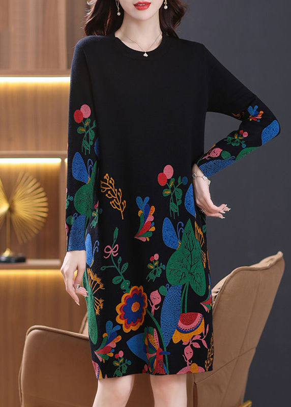 New Black Print Side Open Wool Knit Dress Long Sleeve TB002