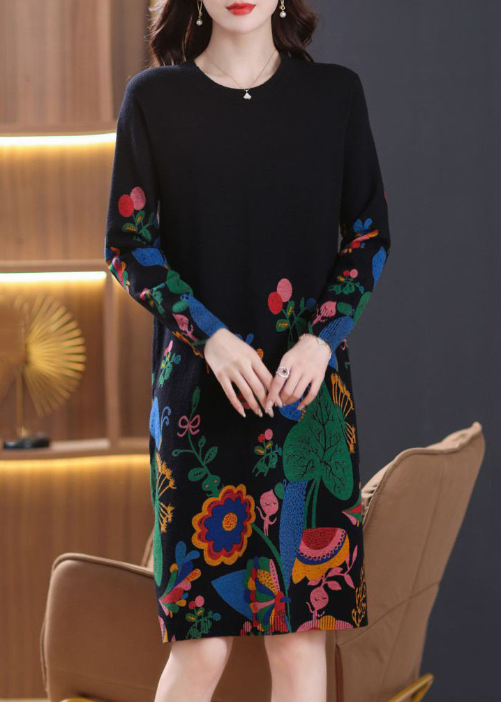 New Black Print Side Open Wool Knit Dress Long Sleeve TB002