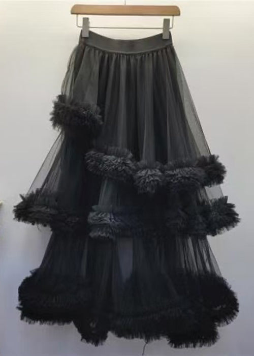 Summer Elastic Waist New Tulle Black Skirt Ruffled
