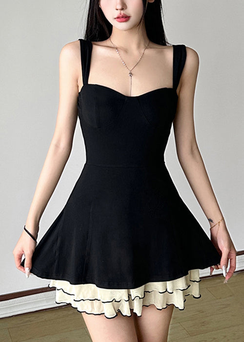 Black Patchwork Strap Tulle Cotton New Solid Spaghetti Dresses